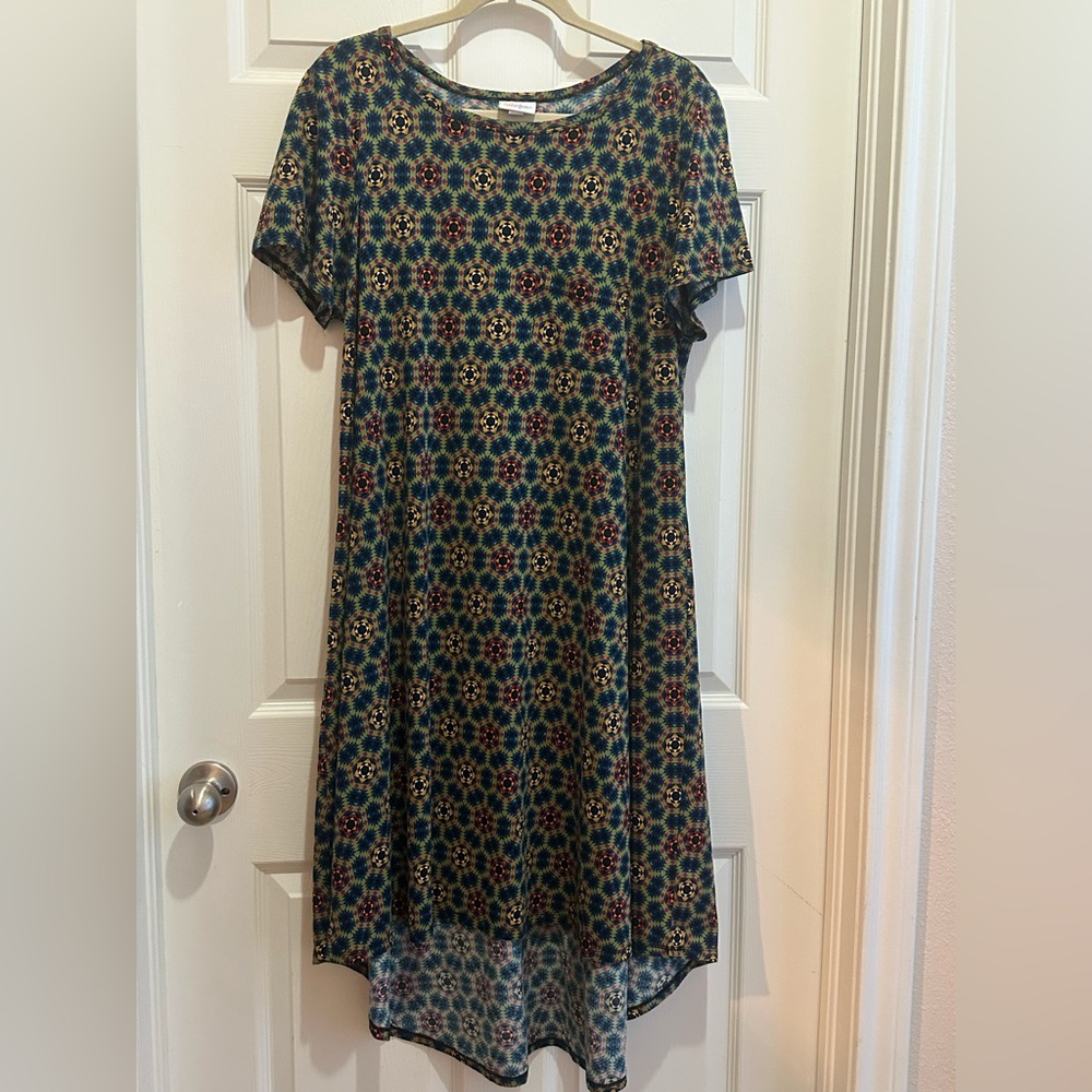 LuLaRoe Blue and Red Geometric High Low Dress
